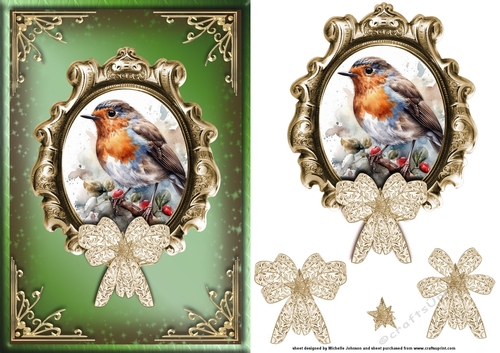 Robin Red Breast Green Card Front with Decoupage 1