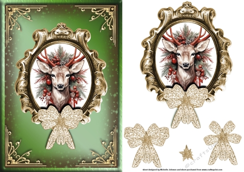 Christmas Deer Green Card Front with Decoupage