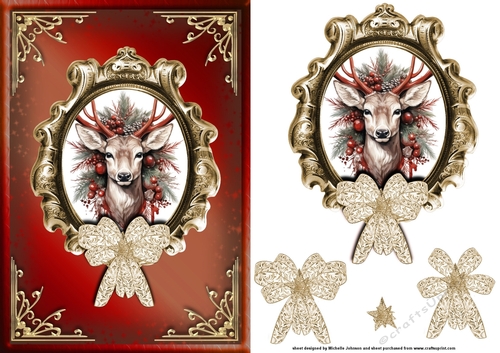 Christmas Deer Red Card Front with Decoupage