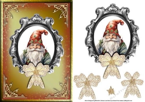 Christmas Santa Gnome Gold Card Front with Decoupage