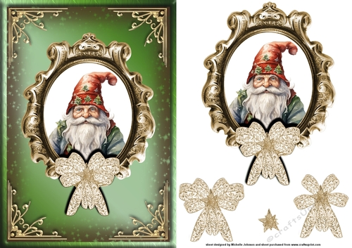 Christmas Santa Gnome Green Card Front with Decoupage