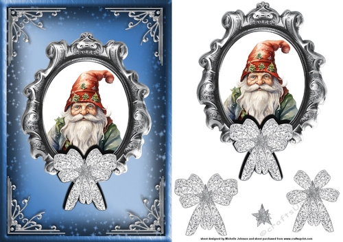 Christmas Santa Gnome Blue Card Front with Decoupage