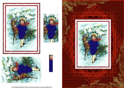 Christmas Vintage Boy and Reindeer Card Front with Pyramage