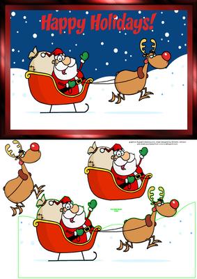 Happy Holidays Santa and Reindeer Card Front with Decoupage