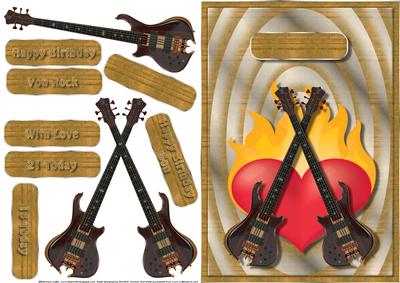 Guitars and Flaming Heart Card Front with Decoupage