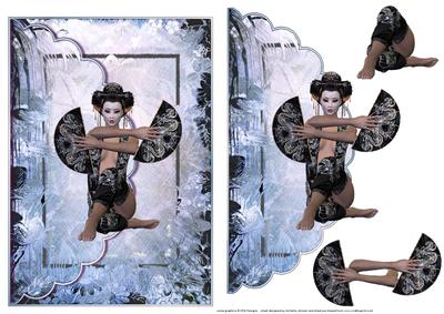 Oriental Beauty with Fans Scalloped Edge Envelope Card