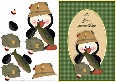 Fisherman Penguin Card Front with Decoupage