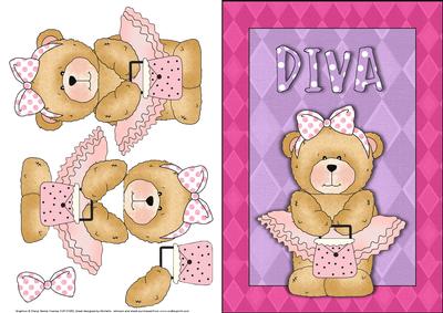Diva Teddy Bear Card Front with Decoupage