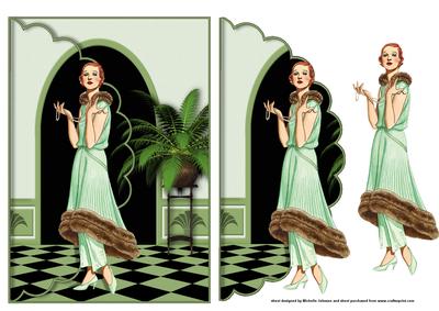 Green Elegance Art Deco Lady Scalloped Edge Envelope Card