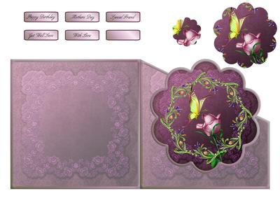 Beautiful Butterfly and Pink Rose Scalloped Over the Edge