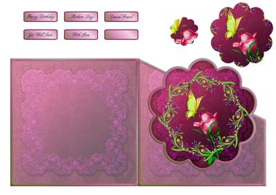Beautiful Butterfly and Deep Pink Rose Over the Edge Card