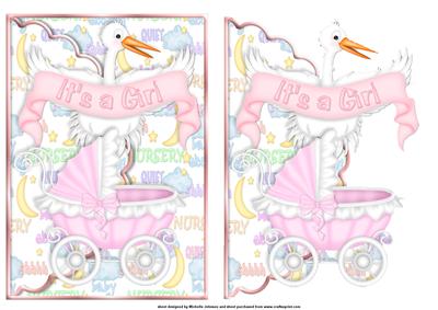 It's a Girl Stork and Pram Scalloped Edge Envelope Card