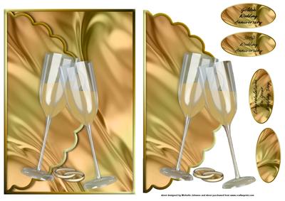 Golden Wedding Champagne Glass Scalloped Edge Envelope Card