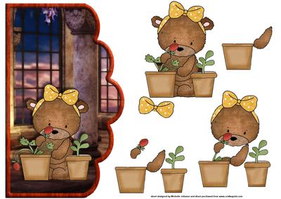 Potting Strawberries Teddy Bear Scallope Curve Card