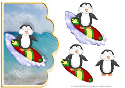 Penguin Surfer Dude Scallope Edge Curve Card