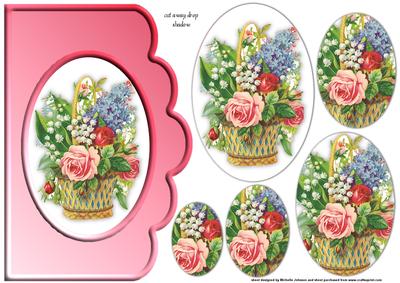 Vintage Floral Bouquet Basket Scallope Edge Curve Card