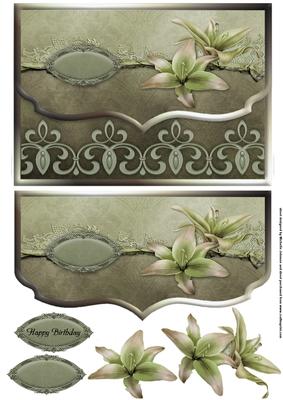 Pretty Lilies Green Grey Fancy Scalloped Edge Envelope Card