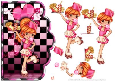 1950's Skating Waitress Scallope Edge Curve Card