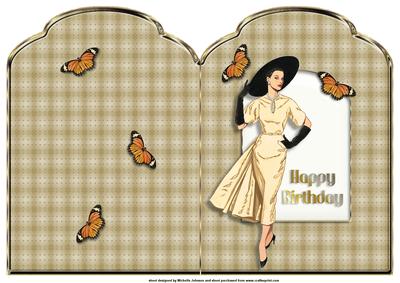 Vintage Lady and Butterflies Scalloped Top Birthday Card