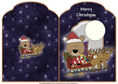 Santa Bear Flying Through the Sky Scalloped Top Quick Card