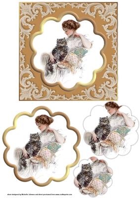 Vintage Lady and Her Cat Topper with Scalloped Pyramage