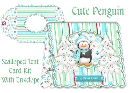 Cute Penguin and Christmas Trees Scalloped Tent Card and Env