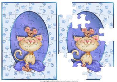 Cat and Mouse Blue Jigsaw Puzzle Quick Card Front