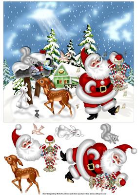 Santa and His Friends Square Card Front with Decoupage