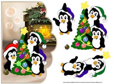 Penguins Dressing the Tree Scallope Edge Curve Card