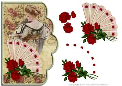 Vintage Lady, Fan and Roses Scallope Edge Curve Card