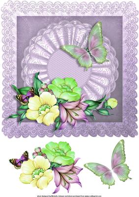 Lilac and Lime Butterflies and Flowers 8 x 8 Card