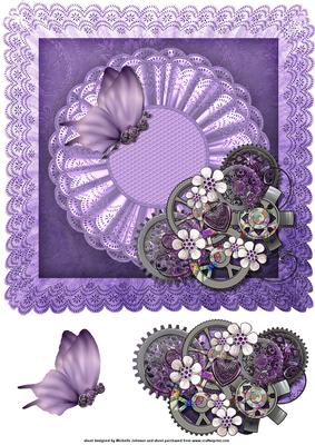 Purple Steampunk Butterfly and Cogs 8 x 8 Card Front