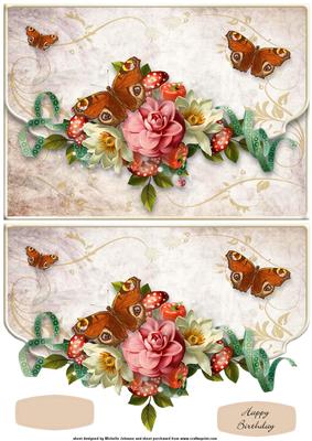Vintage Flowers and Butterflies Fancy Faux Envelope Card