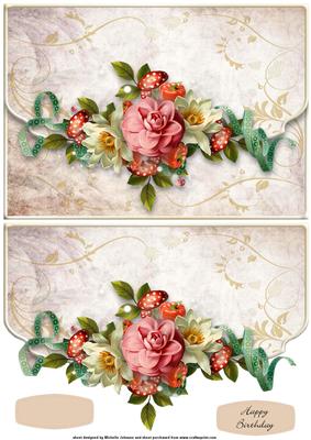 Vintage Flowers Fancy Edge Faux Envelope Card