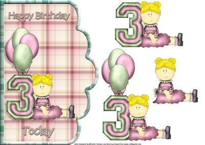 Age 3 Birthday Girl Scalloped Edge Curve Card