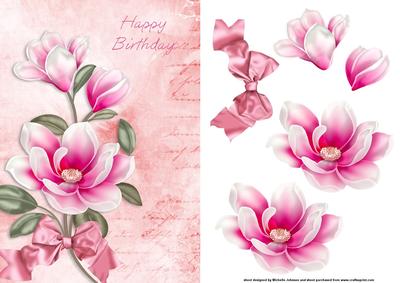 Pink Magnolias Birthday Card Front with Decoupage