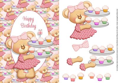 Teddy Bear Cupcakes Card Front with Decoupage