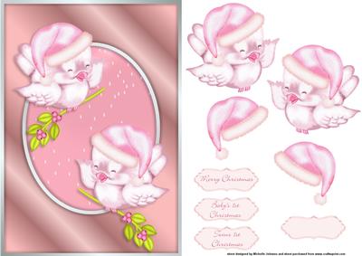 Christmas Birds Pink Card Front with Decoupage