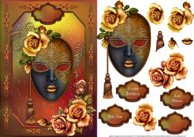 Golden Masquerade Mask and Roses Card Front