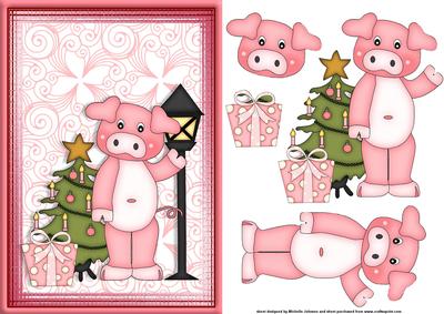 Piggy Christmas Card Front with Decoupage