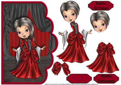 Mortitia in a Red Dress Scallope Edge Curve Card
