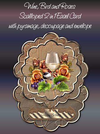 Wine, Bird and Roses 2 1n 1 Scalloped Easel Card Kit
