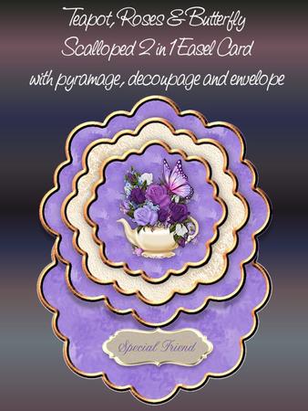 Teapot, Roses and Butterfly 2 1n 1 Scalloped Easel Card Kit