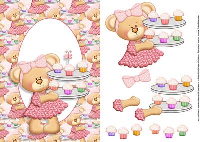 Teddy Bear Cupcakes Blank Card Front with Decoupage