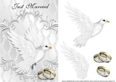 White Dove His & His Gold Just Married Card Front