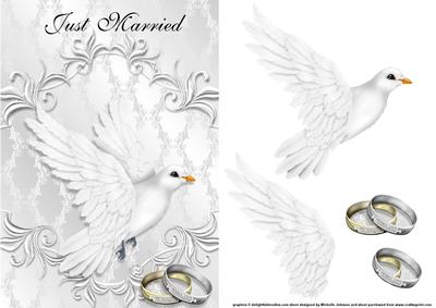 White Dove His & His Gold & Plat Just Married Card Front