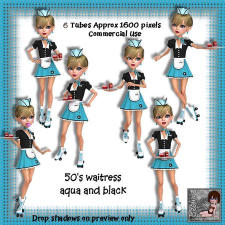 6 50's Waitress Aqua and Black Poser Tubes