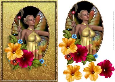 Fairy and Petunias Card Front Golden