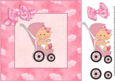 Stroller Baby Girl 8x8 Card Front with Decoupage