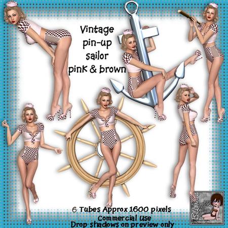 6 Vintage Pin-up Sailor Girl Poser Tubes Pink & Brown